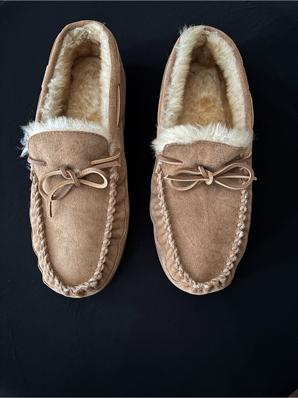L.L. Bean Men's Suede Moccasin Slippers in Tan with Shearling Lining